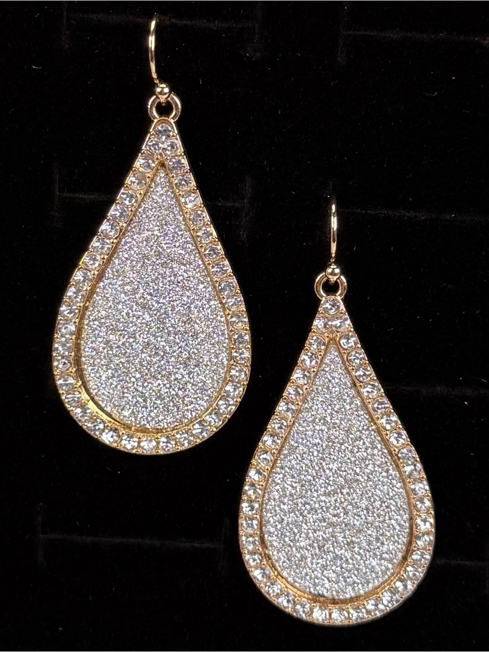 Gold Tone Silver Glitter Teardrop Pierced Dangle Statement Earrings